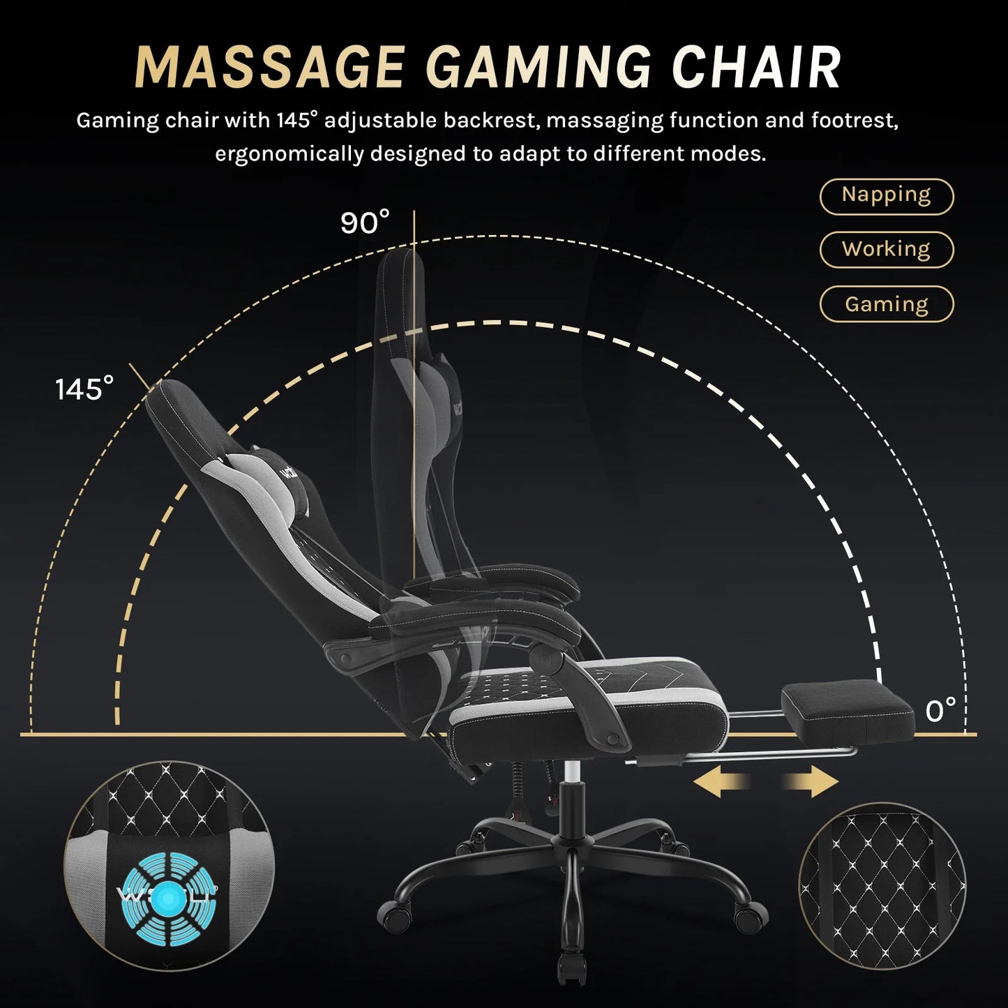 Fotel komputerowy obrotowy WOLTU z funkcją masażu, ergonomiczny fotel biurowy z poduszką i podnóżkiem, gamingowy fotel z regulacją wysokości