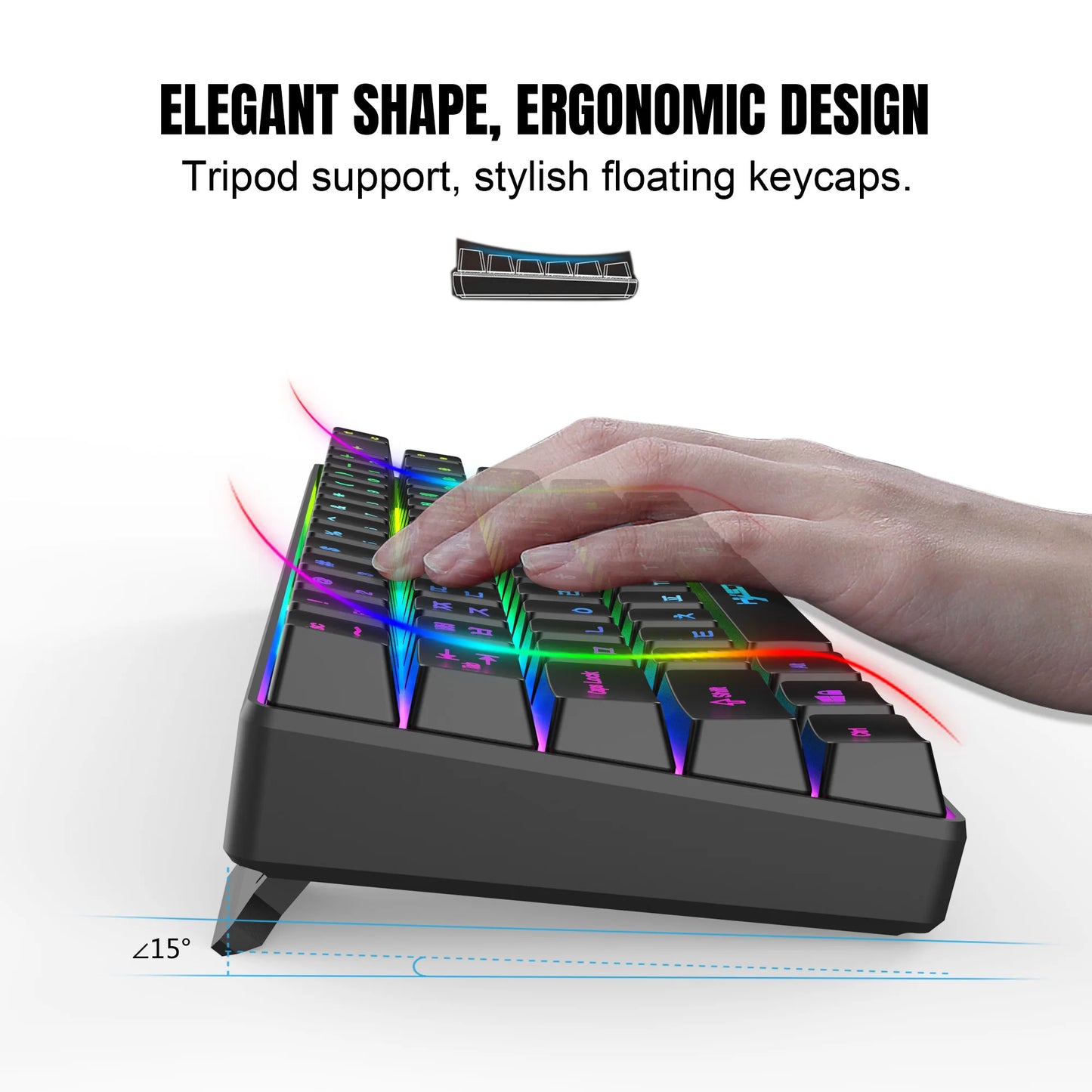 Tragbare HXSJ V200 68-Tasten-Gaming-Tastatur mit koreanischem Layout, 65%, kabelgebundene Office-Membrantastatur mit RGB-Hintergrundbeleuchtung für Desktop-PCs und Laptops