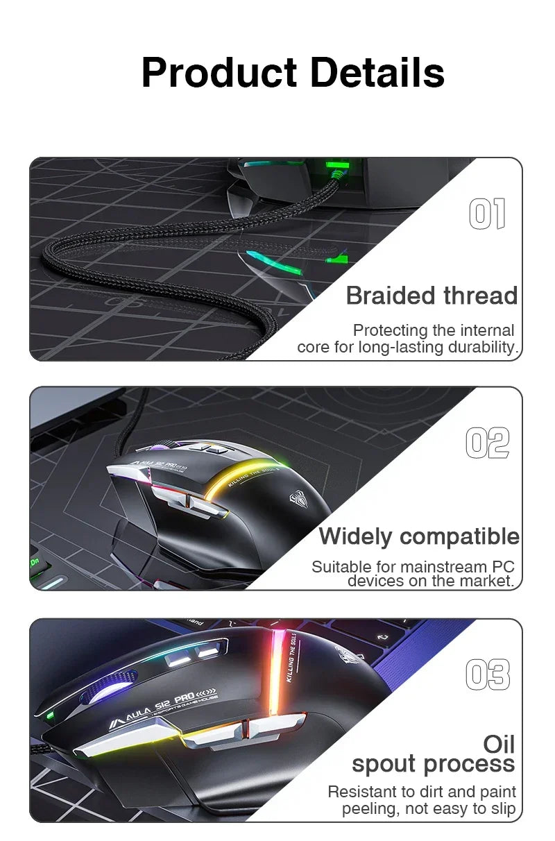 AULA S12Pro kablet mekanisk mus 1000HZ 12800DPI RGB lav latenstid makrodefinitioner esport gamingmus PC-gamer-tilbehør