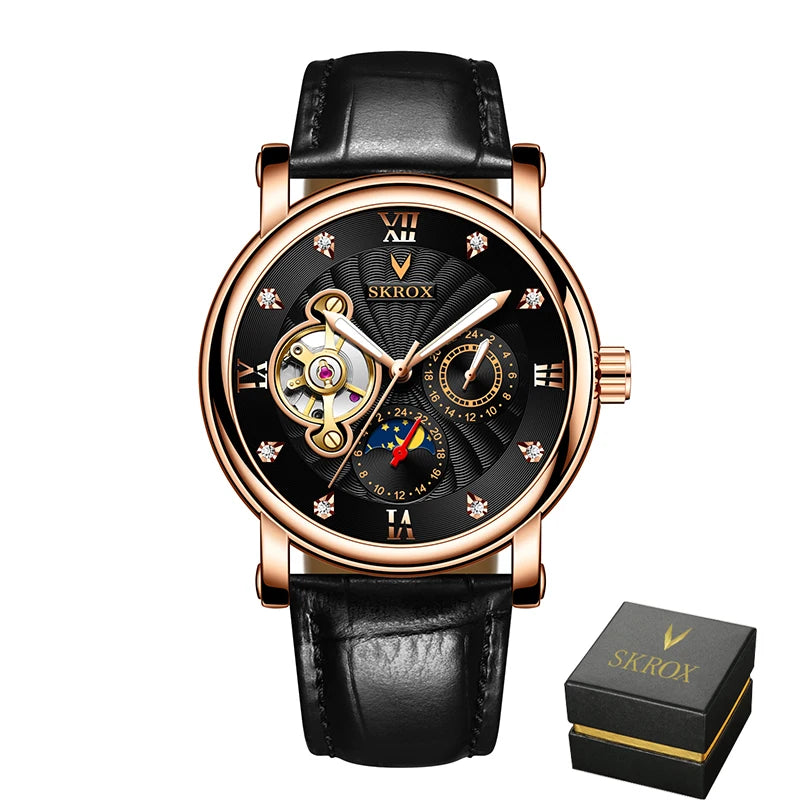 Luxe automatisch mechanisch herenhorloge van een bekend merk, voorzien van een tourbillon, een maanfase-indicator en diamanten – een elegant polshorloge.