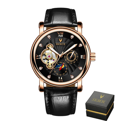 Luxe automatisch mechanisch herenhorloge van een bekend merk, voorzien van een tourbillon, een maanfase-indicator en diamanten – een elegant polshorloge.