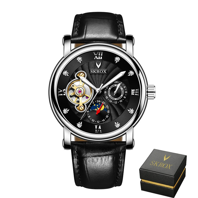 Luxe automatisch mechanisch herenhorloge van een bekend merk, voorzien van een tourbillon, een maanfase-indicator en diamanten – een elegant polshorloge.