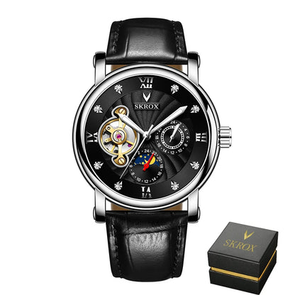 Luxe automatisch mechanisch herenhorloge van een bekend merk, voorzien van een tourbillon, een maanfase-indicator en diamanten – een elegant polshorloge.