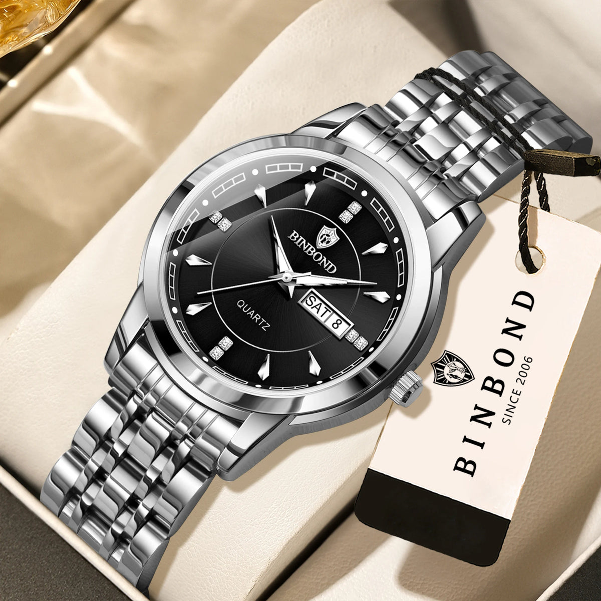 Montres à quartz de luxe originales BINBOND pour femme – Modèle étanche et lumineux – Idée cadeau (coffret inclus)