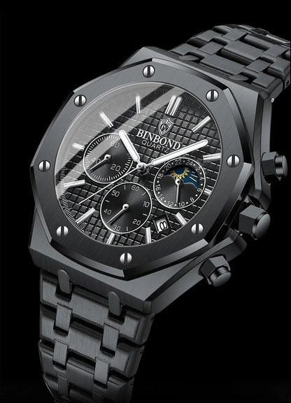 BINBONG B0161 Top Brand Man Business Quartz Watch Chronograph Wristwatch Stainless Steel Strap 30M Waterproof Luxury Men Watch