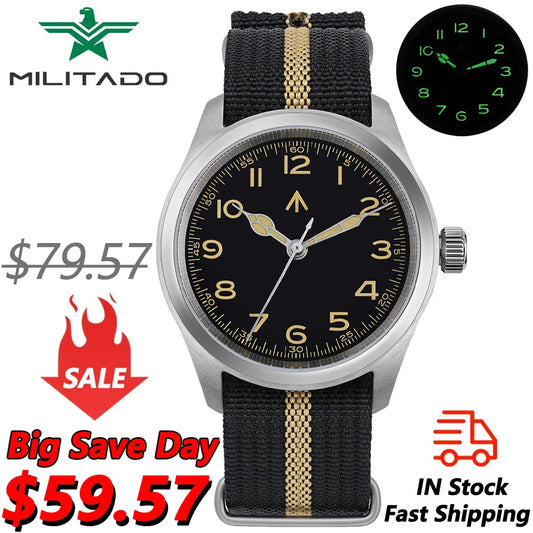 Militado ML08 38mm Quartz Watch VH31 Movement Double Domed Sapphire Crystal Wristwatch Super C3 Green Luminous Vintage Watches