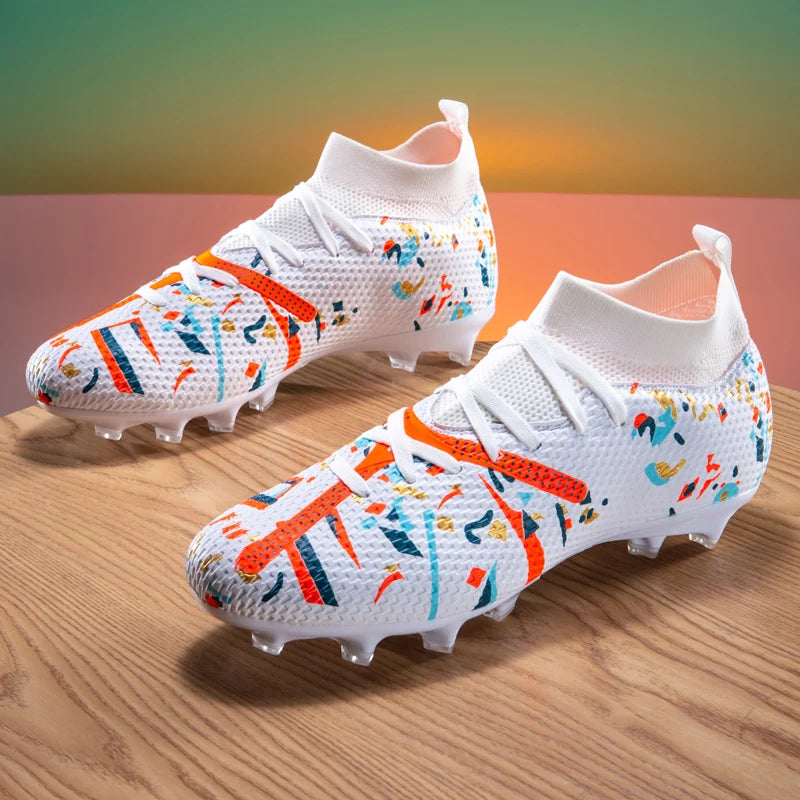 Chaussures de football mi-hautes FG pour terrain ferme, empeigne texturée imprimée graffiti, bottes de football à lacets, crampons durs transparents professionnels