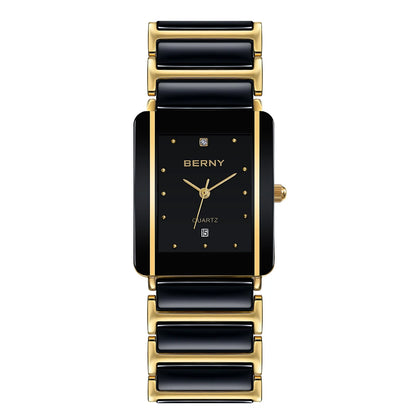 BERNY Ceramic Quartz Men Watch Fashion Luxury Rectangle Wristwatch XV12 Waterproof Calendar Diamon Black Gold Couple Gifts Watch