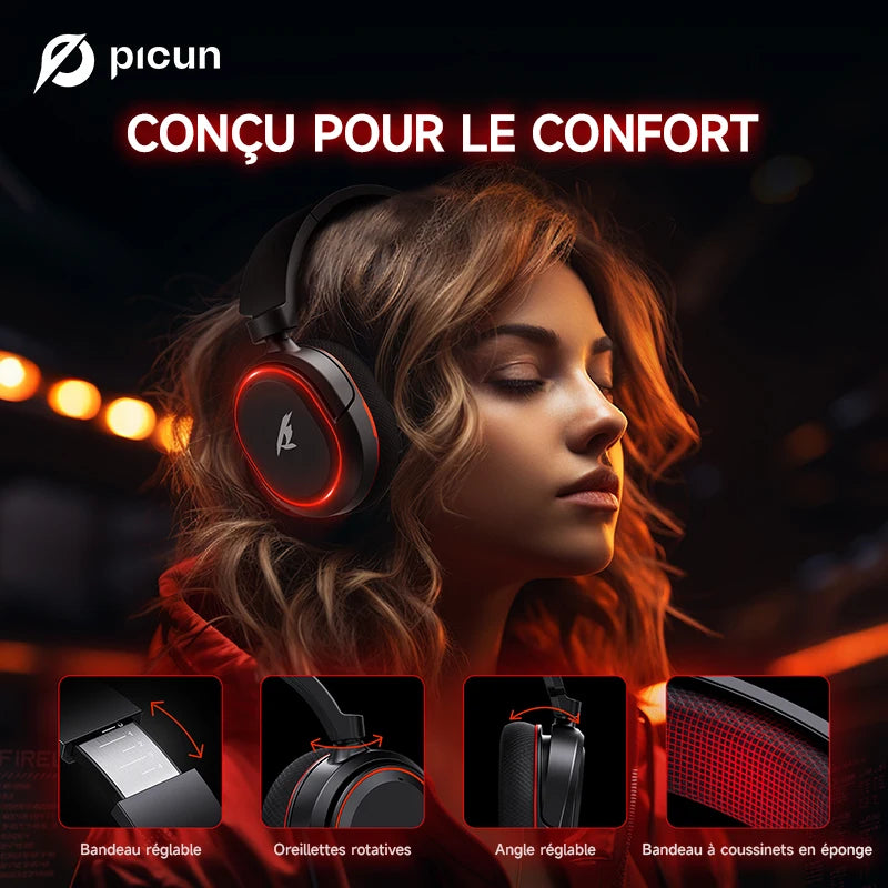 Picun G2 kabelloses Gaming-Headset Bluetooth 5.3 – 7.1-Surround-Sound, ENC-Mikrofon, 100H Akku, Low-Latency-Kopfhörer für PC, PS5, PS4, Switch & Mobile