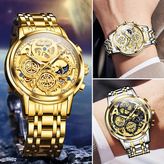 Montre pour homme OLEVS – Modèle de luxe, étanche, à quartz, style squelette, affichage 24 heures (jour/nuit), coloris doré