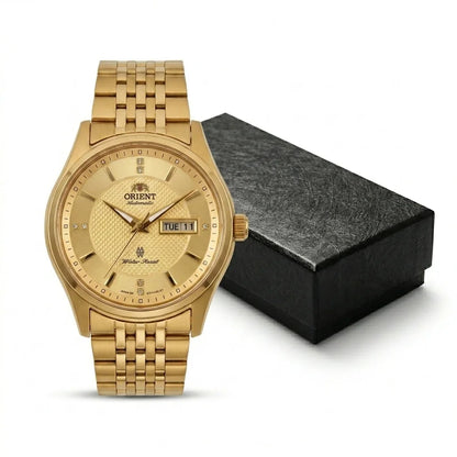 Orient automatisch mechanisch herenhorloge, met dubbele kalender (datum en dag van de week), kristallen indexen en roestvrijstalen armband – Polshorloge in professionele stijl