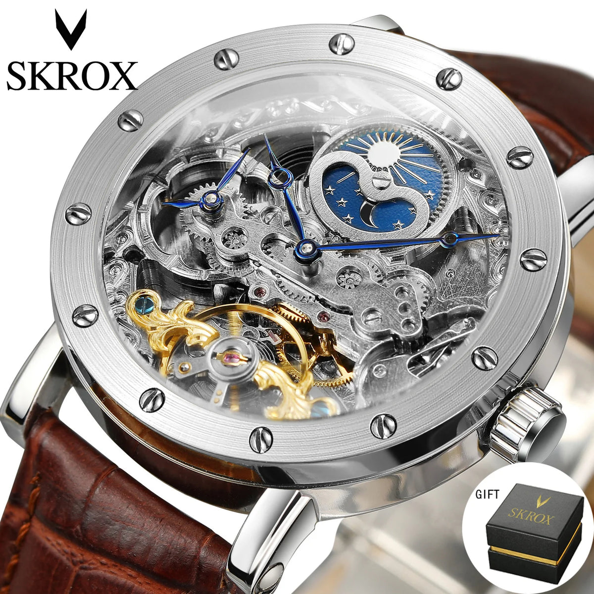 Reloj de pulsera mecánico automático SKROX para hombre, modelo esqueleto con función GMT, fase lunar y tourbillon: reloj de lujo de alta gama, elegante y original.