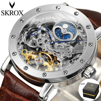 Reloj de pulsera mecánico automático SKROX para hombre, modelo esqueleto con función GMT, fase lunar y tourbillon: reloj de lujo de alta gama, elegante y original.