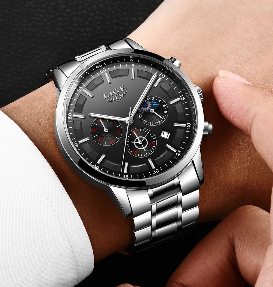 Montre pour homme LIGE – Chronographe à quartz de luxe, étanche (3 bars), avec aiguilles luminescentes – Idée cadeau (boîte incluse)