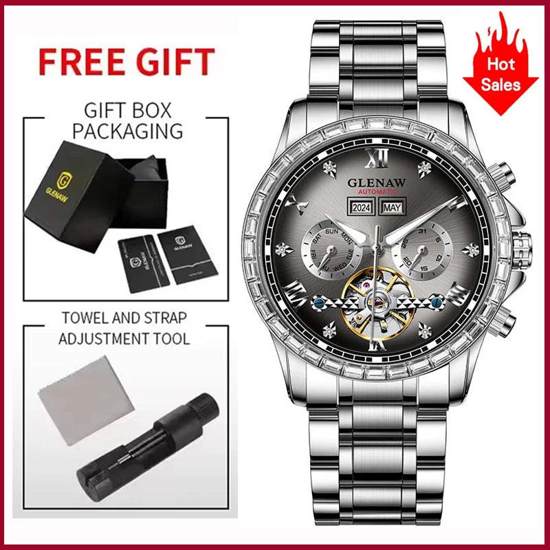 Montre mécanique multifonction GLENAW – Modèle pour homme, style business et décontracté, bracelet en acier inoxydable, étanche, avec calendrier – Montre de luxe