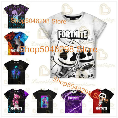 Fortnite-aiheinen uusi kesäinen lasten T-paita, 3D-painettu, pojille ja tytöille, katumuotia, aikuisten ja lasten vaatteet, hauska T-paita, pyöreäkauluksinen paita