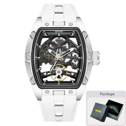 Montre mécanique pour homme MEGIR, forme tonneau, cadran squelette ajouré, style sportif, bracelet en silicone, montre automatique de luxe