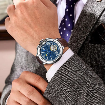 Montre de luxe pour homme POEDAGAR – Modèle automatique mécanique avec affichage de la date et du jour, bracelet en cuir, tourbillon, étanche, style élégant et professionnel.