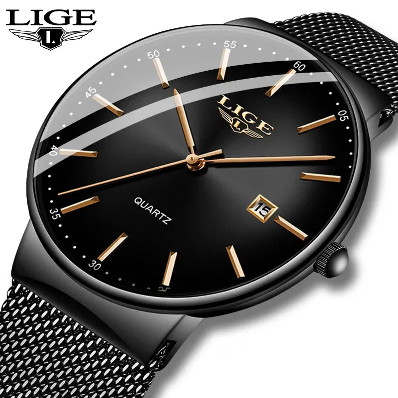 Montre pour homme LIGE, modèle élégant et luxueux, ultra-fin, étanche, avec bracelet en maille, mouvement à quartz, affichage de la date et calendrier – idéale pour un style professionnel.