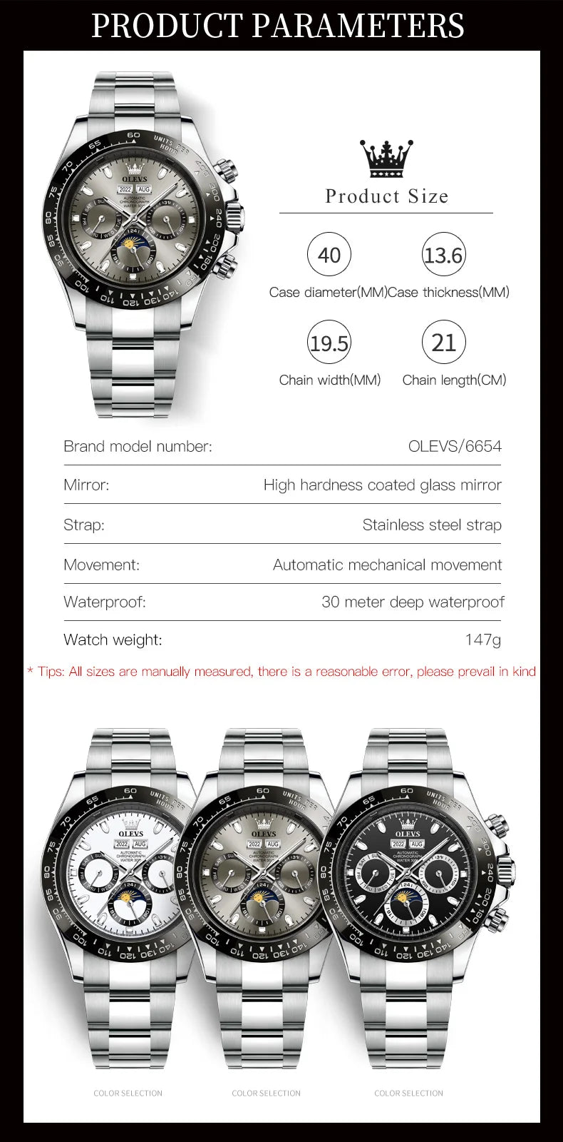 OLEVS 6654 Luxury Mens Watch Chronograph Automatic Mechanical Wristwatch Waterproof Luminous Top Brand Watch for Man Date Sport