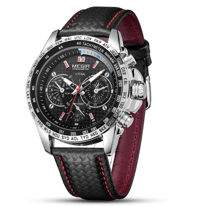 Orologio da polso analogico al quarzo da uomo MEGIR – Orologio di lusso impermeabile con cinturino in pelle, stile casual, modello 1010 (nero)