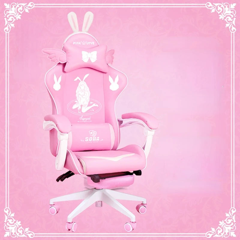 Pink Gaming Chair for Girls with Footrest, Ergonomic Swivel Gaming Chair, Adjustable Office Computer Chair, Cute Cartoon Gamer Chair