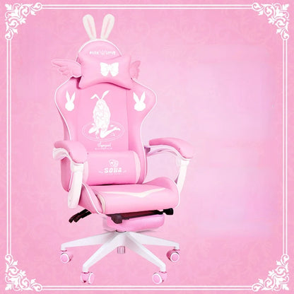 Pink Gaming Chair for Girls with Footrest, Ergonomic Swivel Gaming Chair, Adjustable Office Computer Chair, Cute Cartoon Gamer Chair