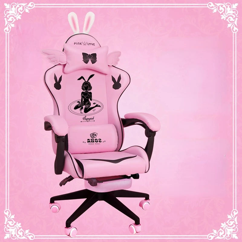 Pink Gaming Chair for Girls with Footrest, Ergonomic Swivel Gaming Chair, Adjustable Office Computer Chair, Cute Cartoon Gamer Chair