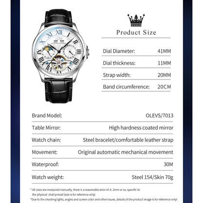 OLEVS 7013 Men's Watch Fashion Moon Phase Mechanical Watch For Men Waterproof Roman Scale Hollow Flywheel Automatic Hand Clock