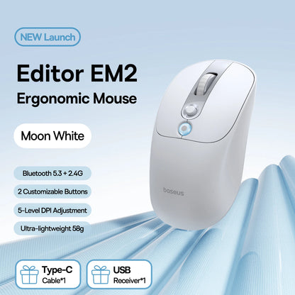 【NEW】Baseus EM2 Ergonomic Wireless Mouse Bluetooth 5.3 2.4G Type-C Charging Ultra Light Silent Mice Customizable Button Mouse