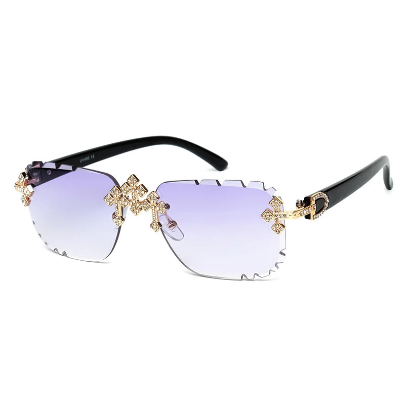 2025 Fashion Square Rimless Sunglasses For Women Cross Diamond Metal Frame Luxury Eyewear Cut Lens UV400 Shades Sun Glasses