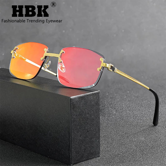 HBK Square Rimless Sunglasses Women TOP Quality Retro Metal Sun Glasses Men Luxury Party Business Gradient Shades 2024