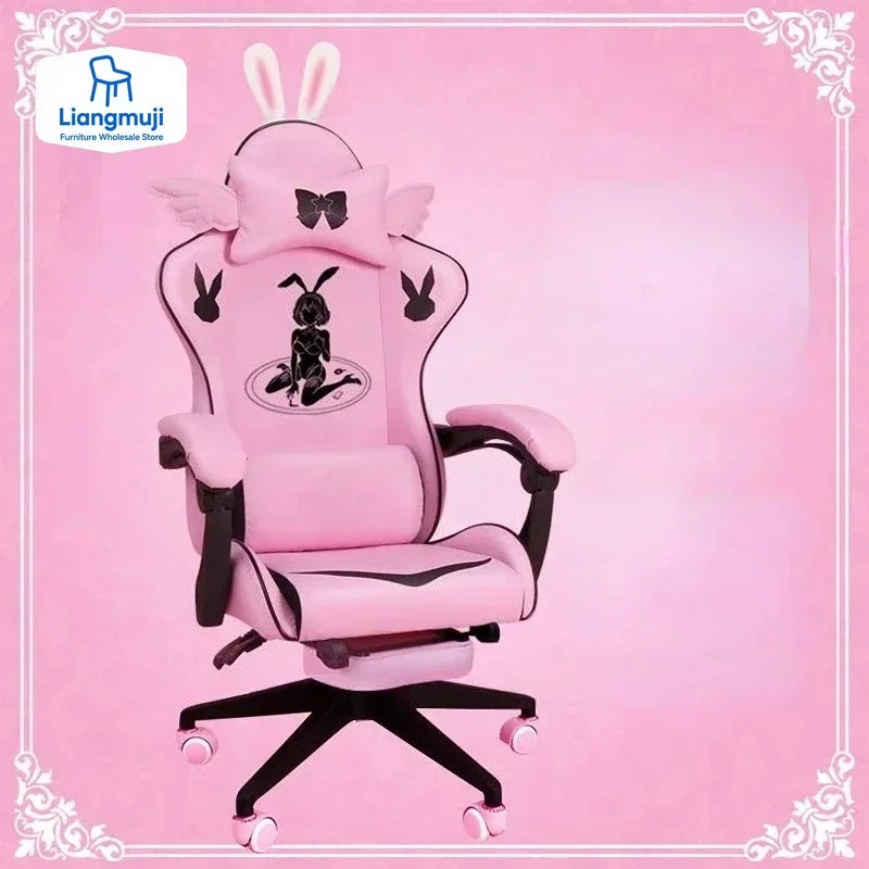 Pink Gaming Chair for Girls with Footrest, Comfortable Adjustable Swivel Computer Chair, Cartoon Gamer Chair for Bedroom, Office & Study