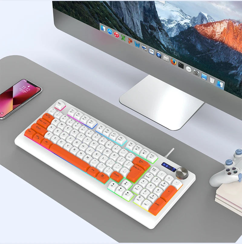93-Key Minimalist Wired Gaming Keyboard Mixed Color Lighting With Multifunction Knob Mechanical Feeling Keyboard For PC Gamers