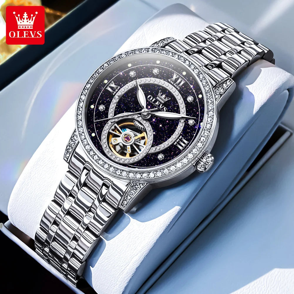 OLEVS Women’s Luxury Automatic Skeleton Watch  Starry Sky Stainless Steel Mechanical Wristwatch