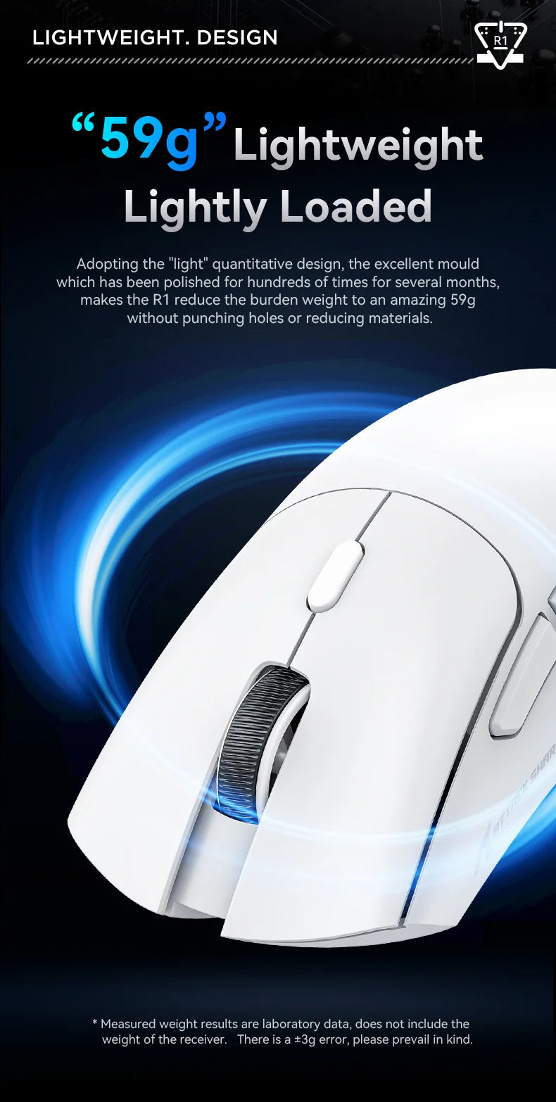 Mouse gaming wireless Attack Shark R1 leggero Bluetooth 2.4G PAW3311 18000DPI ergonomico con macro