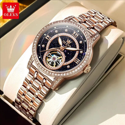 OLEVS Women’s Luxury Automatic Skeleton Watch  Starry Sky Stainless Steel Mechanical Wristwatch