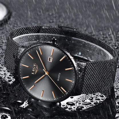 Montre pour homme LIGE, modèle élégant et luxueux, ultra-fin, étanche, avec bracelet en maille, mouvement à quartz, affichage de la date et calendrier – idéale pour un style professionnel.