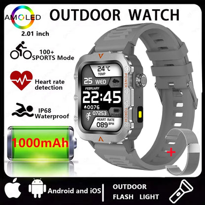 2026 New Men Smart Watch HD Bluetooth Call Sleep Heart Rate Health Monitoring Outdoor LED Flashlight Waterproof Sports Smartwatc