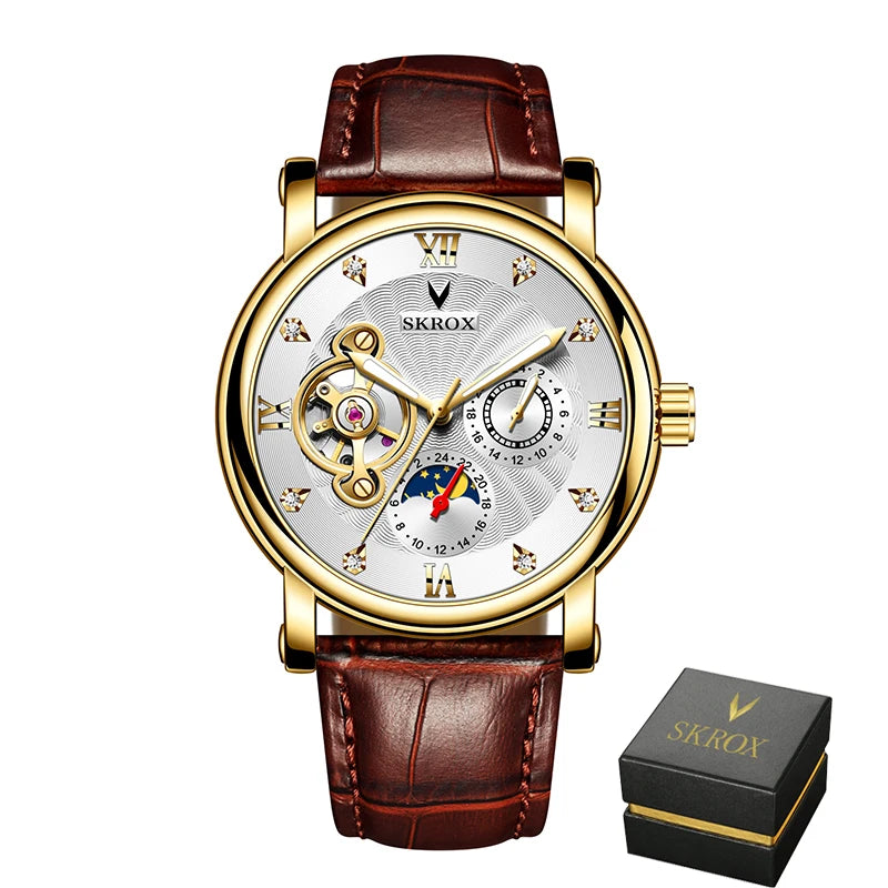 Luxe automatisch mechanisch herenhorloge van een bekend merk, voorzien van een tourbillon, een maanfase-indicator en diamanten – een elegant polshorloge.