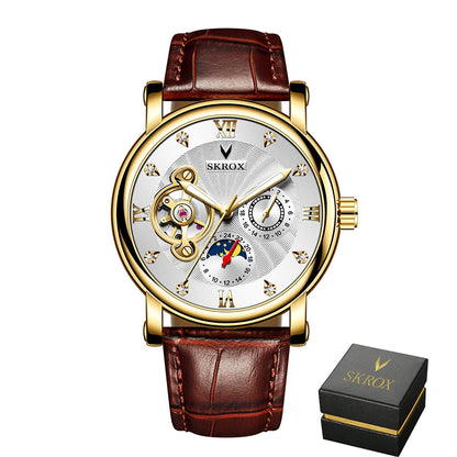Luxe automatisch mechanisch herenhorloge van een bekend merk, voorzien van een tourbillon, een maanfase-indicator en diamanten – een elegant polshorloge.