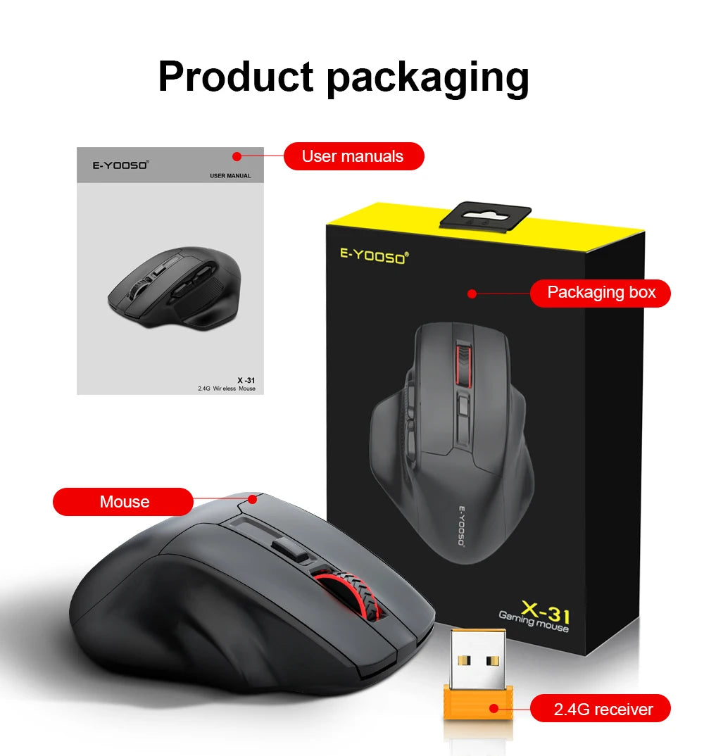 E-YOOSO X-31 Wireless Gaming Mouse for Big Hands, USB 2.4G Ergonomic Gaming Mouse, 4800 DPI Optical Mouse with 5 Buttons for PC & Laptop