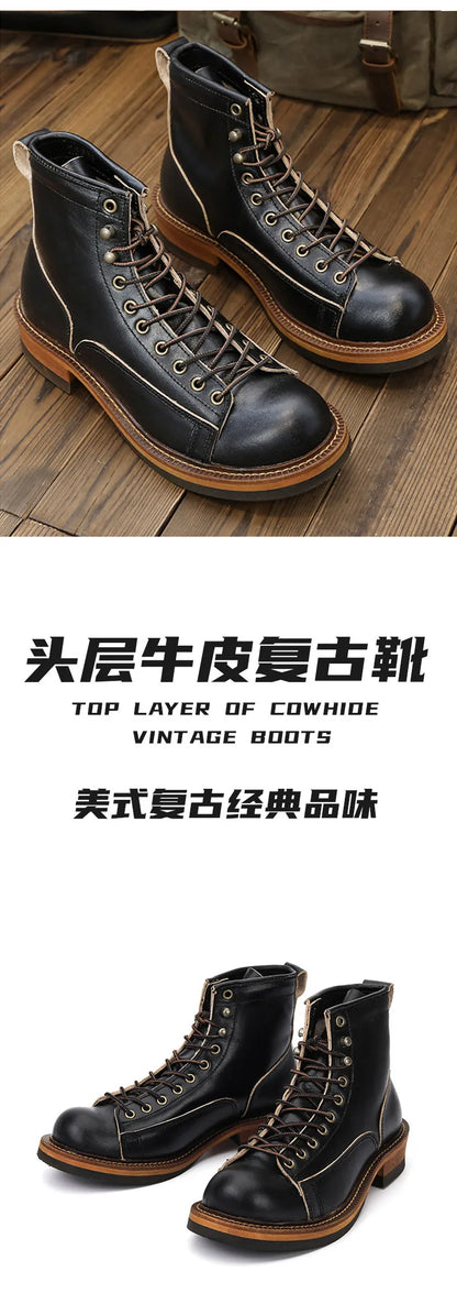 KOWM cowhide Hiking shoes men's walking boot British trekking shoes thick soled cowhide high top motorcycle boots ankle sneakers