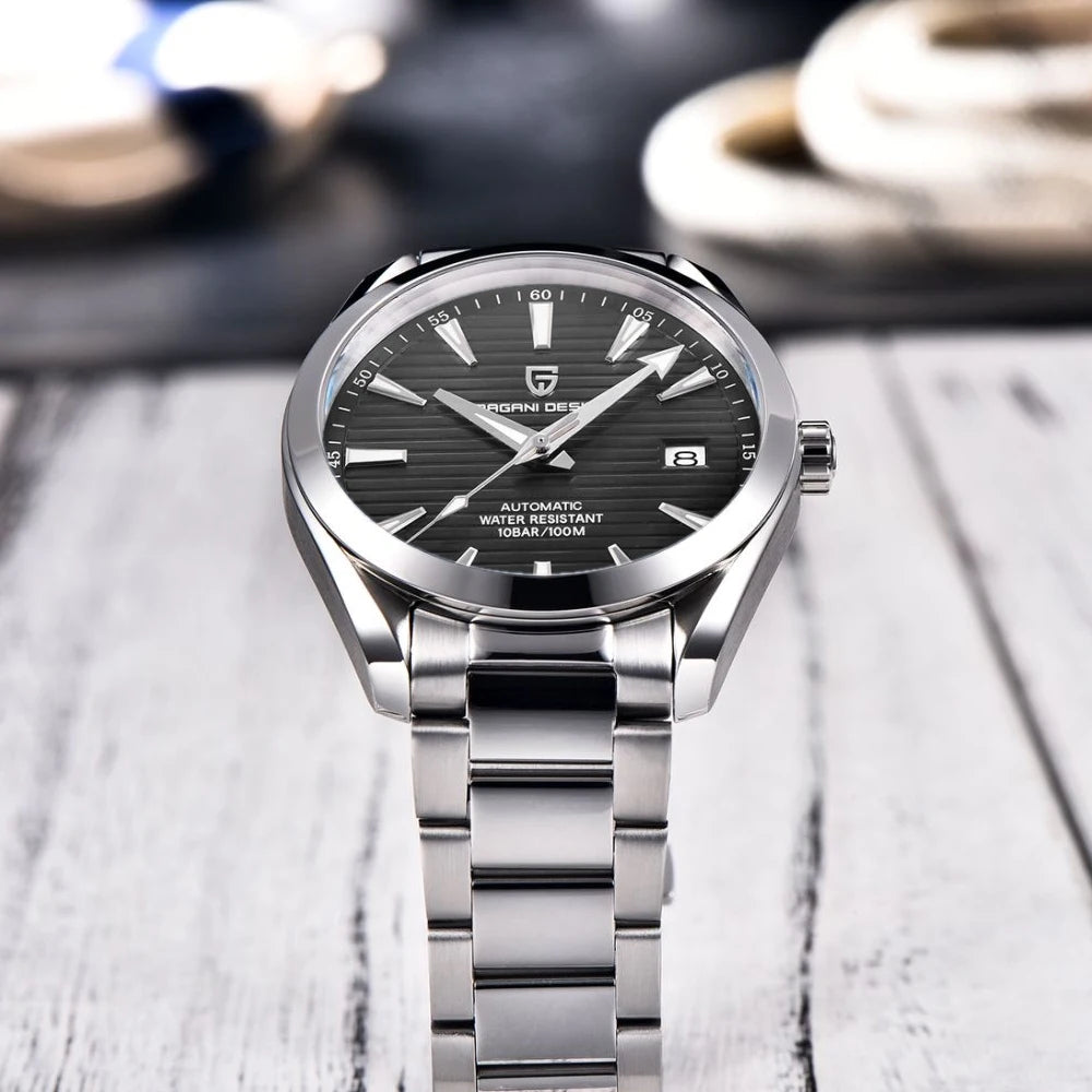 Luxe herenhorloge van PAGANI DESIGN – Mechanisch automatisch model (kaliber 8215), van roestvrij staal, waterdicht, met datumweergave en lichtgevende wijzers