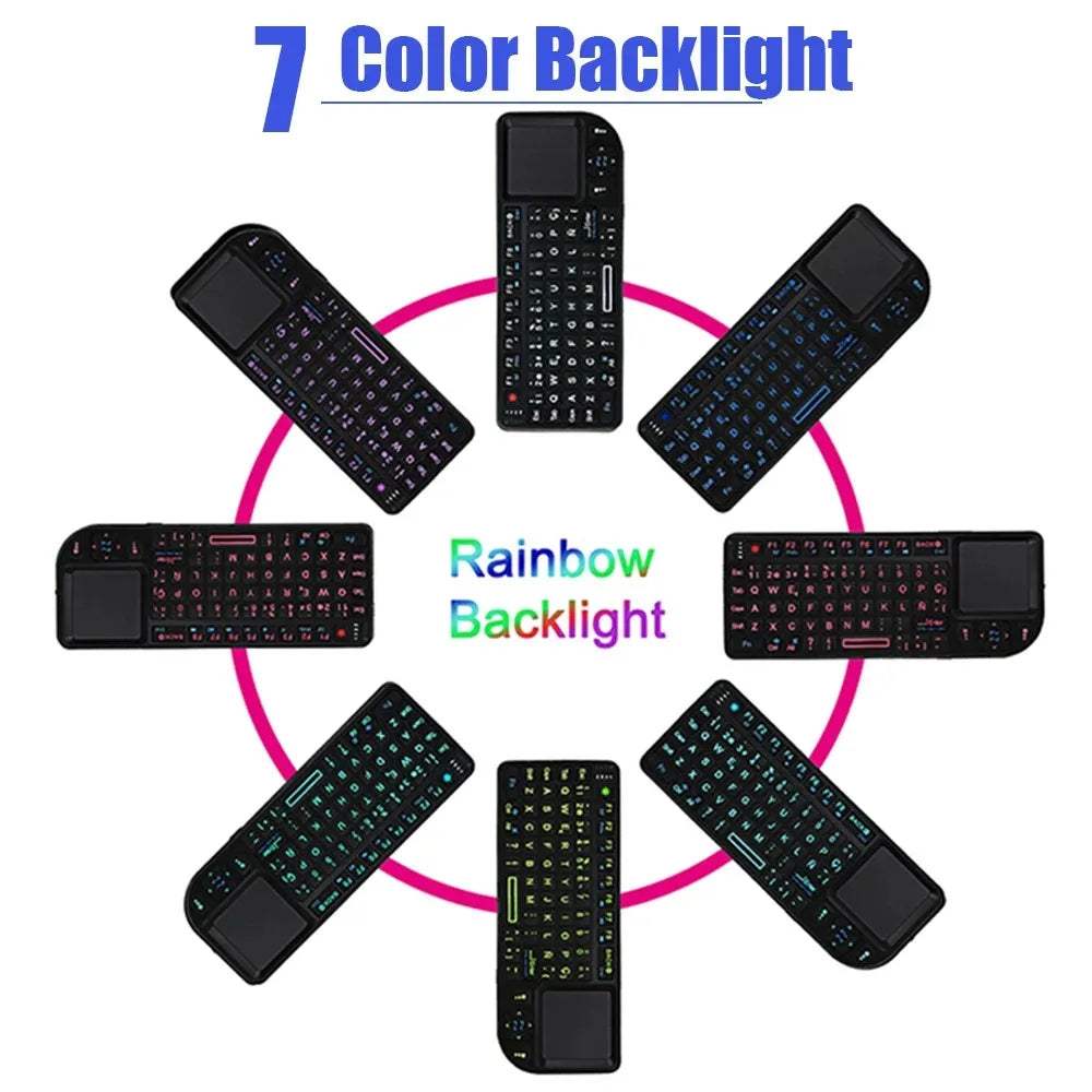 Teclado inalámbrico A8 Mini 2.4G con retroiluminación de 7 colores, teclado portátil 3 en 1 con panel táctil y Air Mouse para Android TV Box, PC y tablet