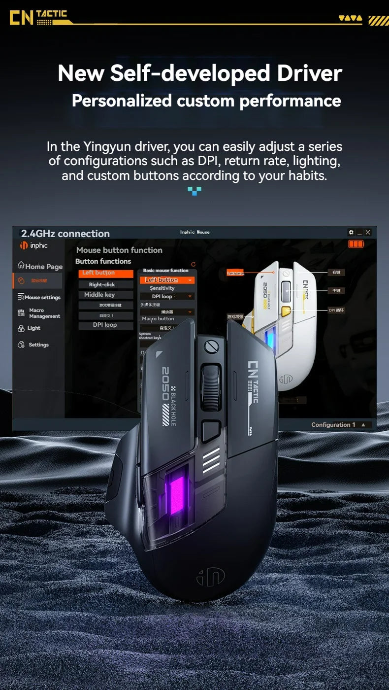 Inphic A9 pro Three-mode Game Mouse Colorful Light Guide Pillar Power Indicator DPI Adjustable Macro-driver Ergonomics 12800DPI
