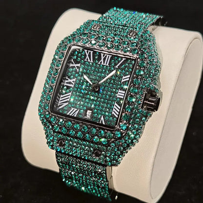 Green Diamond Watch For Men Brand UNIGUET Fashion Roman Literal Quartz Clock Man Hip Hop Iced Jewelry Square Wristwatch 2025 New