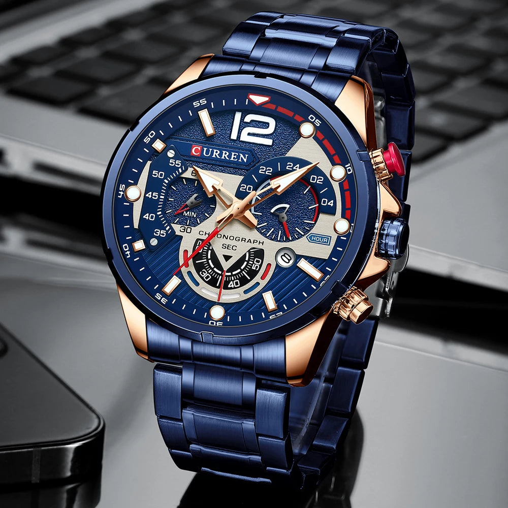 Orologio da uomo CURREN sportivo al quarzo con cronografo, in acciaio inox di lusso con quadrante luminoso