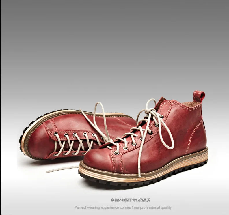 KOWM cowhide Hiking shoes men's walking boot British trekking shoes thick soled cowhide high top motorcycle boots ankle sneakers