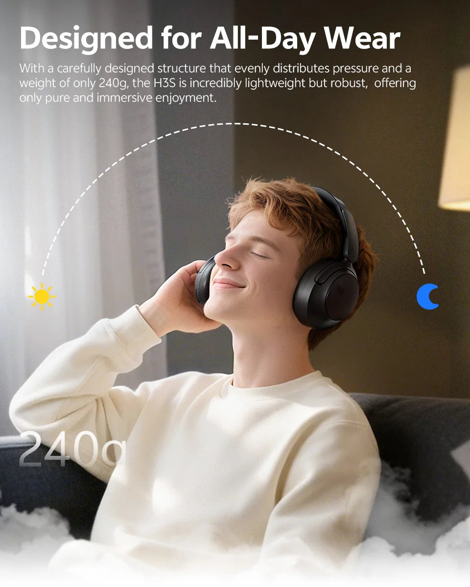 QCY H3S -56dB ANC adaptativo Auscultadores Bluetooth 6.0 circum-aurais – Headset sem fios Hi-Res LDAC, bateria de 102H, som espacial Dual Driver